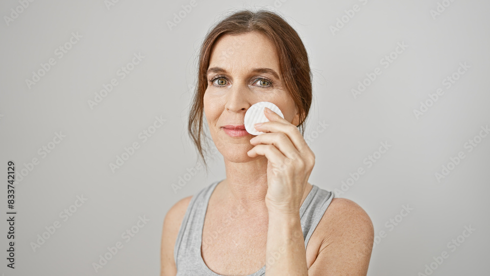 Mature woman applies skincare routine holding cotton pad on her face against white background Mature woman applies skincare routine holding cotton pad on her face against white background