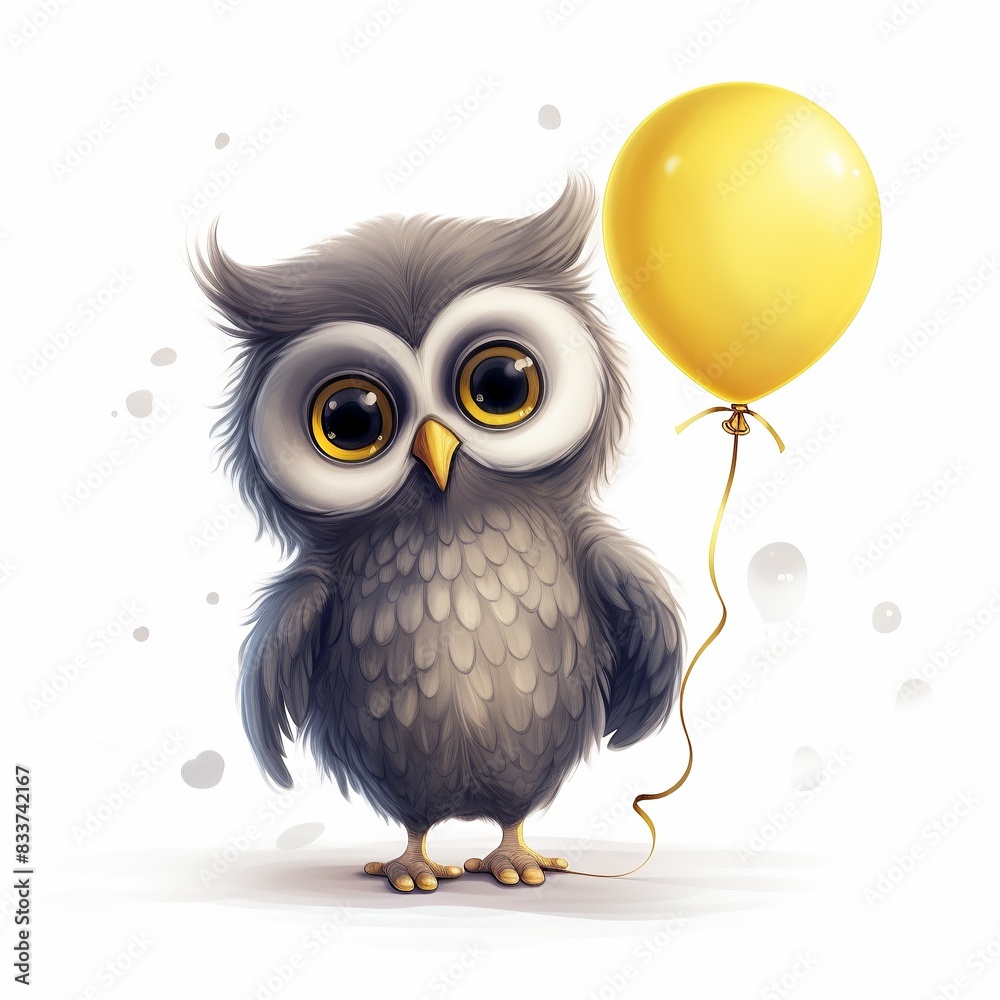Fototapeta premium Adorable cartoon owl with a big yellow balloon, perfect for whimsical designs and children's