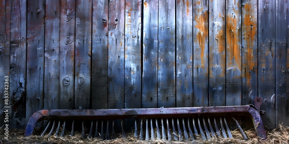 Weathered hay rake leans against barn wall, bearing the marks of time. Concept Agricultural equipment, Farm life, Country living, Rustic charm, Weathered textures