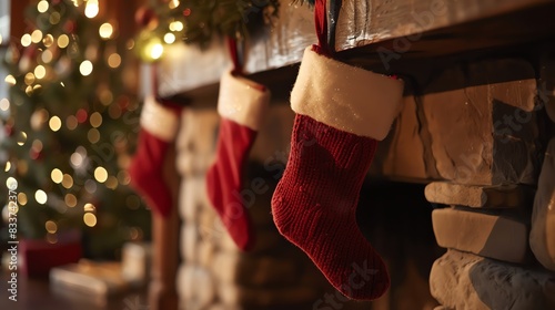 Red Christmas stockings hanging on a fireplace mantel with a decorated tree in the background. photo