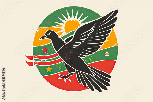 Illustrative design of a dove in Juneteenth colors, symbolizing peace and freedom with a clear background, flat color blocks, and vibrant accents