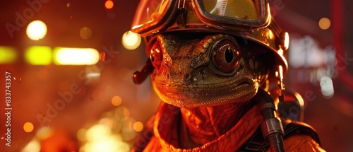 A salamander in a fireproof suit, acting as a firefighter in a 3D-rendered emergency drill scenario photo