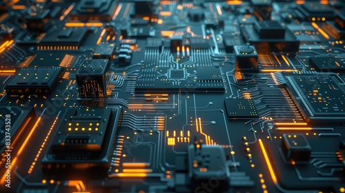 3D illustration of circuit board or electronic and digital hardware