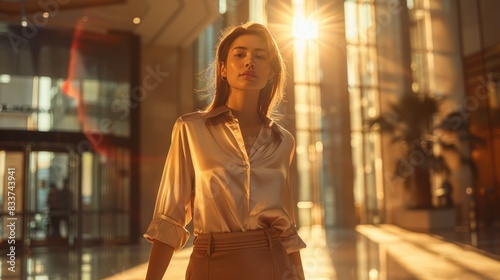 Confident Businesswoman in Modern Office at Sunset