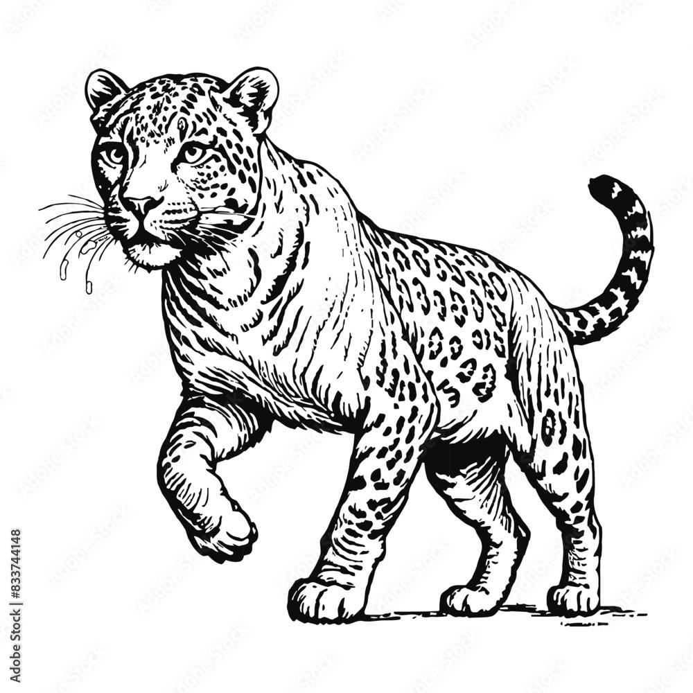 Naklejka premium Leopard Hand Drawn Engraved Ink Line Art Sketch Illustration