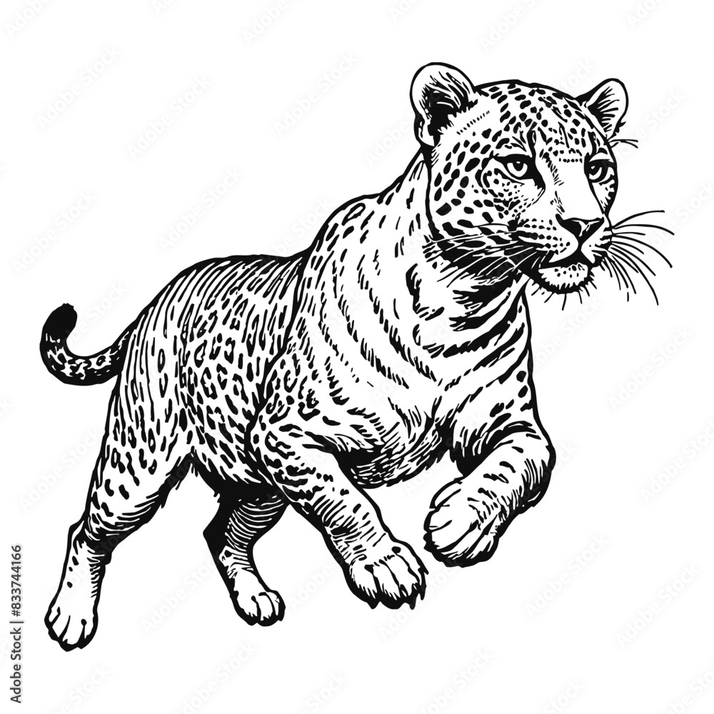 Fototapeta premium Leopard Hand Drawn Engraved Ink Line Art Sketch Illustration