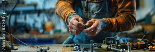 Man with occupational therapy training carefully fastening nut onto bolt. photo