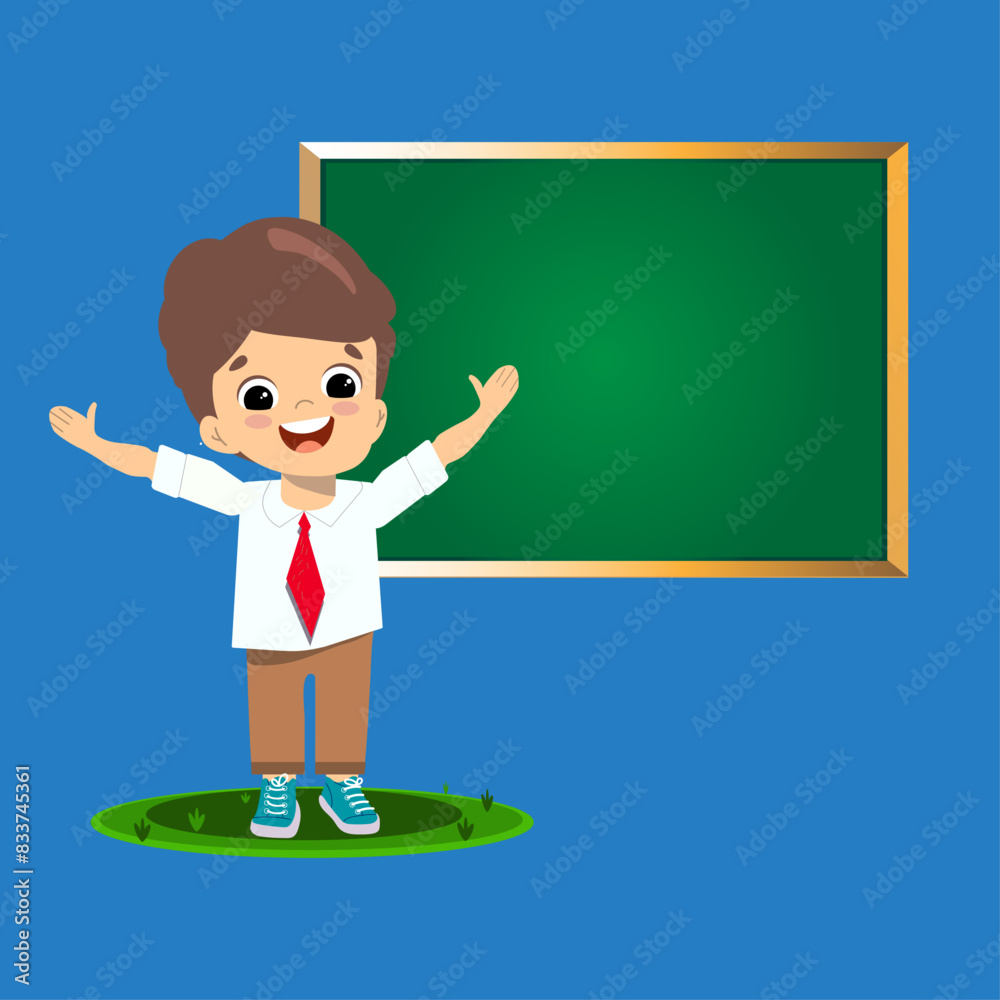 Student smiling with raised hands against school board background Student smiling with raised hands against school board background