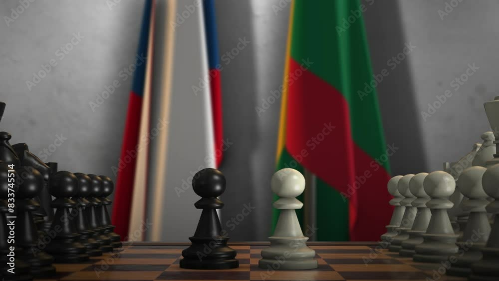 Czech Republic and Lithuania National Flags with Chess Board Animation. Politics of Government or Conflict of Countries Concept