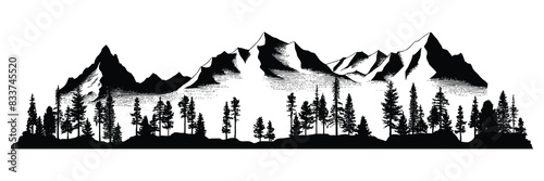 Silhouette mountain range and forest isolated on white background, vector design	