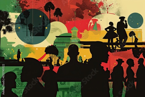 poster featuring the history of Juneteenth with silhouettes of key figures in a minimalist style, using a palette of black, red, green, and yellow, against a backdrop of historical scenes