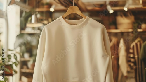 blank ivory sweatshirt mockup on hanger cozy clothing store display product showcase © Bijac
