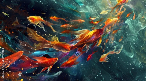 Abstract Fish Shoals, Artistic representations of fish shoals with fluid shapes and vibrant colors © DarkinStudio