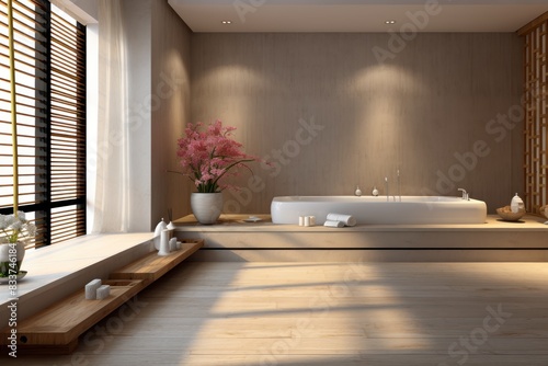 Spa room.  Massage room or beauty parlor with empty bed and ready set of organic skincare products. elegant white spa room with wooden elements and massage tables