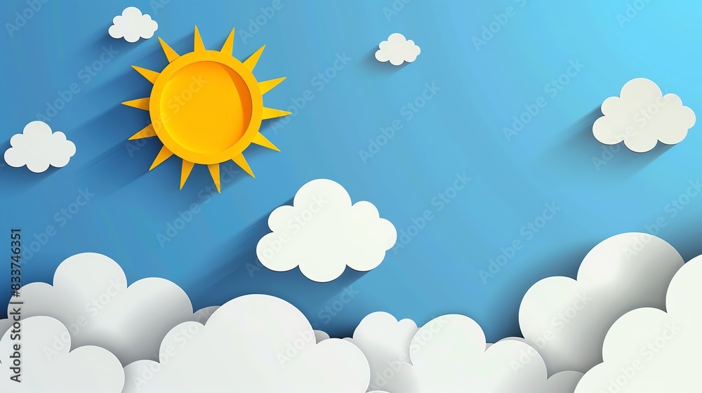 Bright sun and fluffy clouds in a clear blue sky, perfect weather day. Digital illustration with cheerful and uplifting vibes. Bright sun and fluffy clouds in a clear blue sky, perfect weather day. Digital illustration with cheerful and uplifting vibes.