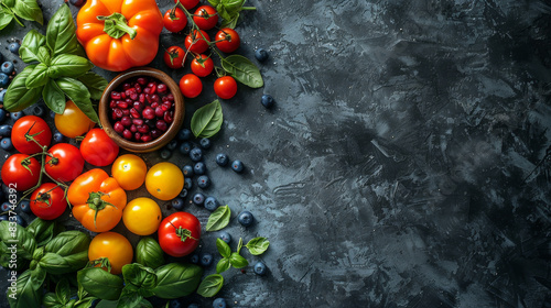 A vibrant assortment of fresh vegetables and fruits on a dark background, showcasing tomatoes, basil, cherry tomatoes, blueberries, and pomegranate seeds.