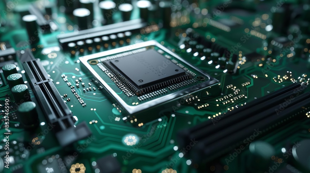 closeup of highperformance gpu chip on green motherboard intricate circuitry for gaming and computing closeup of highperformance gpu chip on green motherboard intricate circuitry for gaming and computing