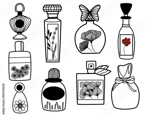 Hand drawn of perfume bottles doodle set. Vector illustration style.
