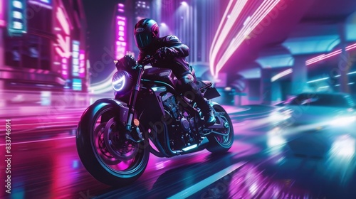 A biker on a motorcycle rides through a neon-lit urban environment at night, showcasing speed and dynamic motion.