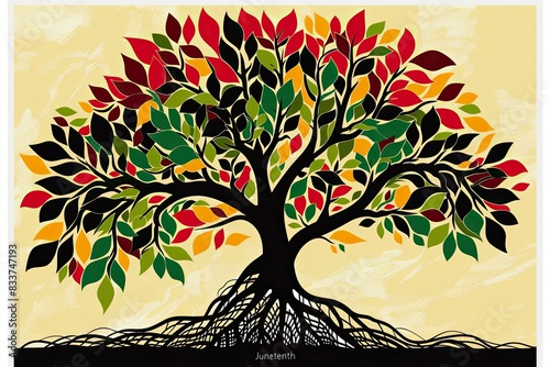 Concept Graphic poster depicting a stylized tree with leaves of black, red, green and yellow colors, symbolizing the day of Juneteenth