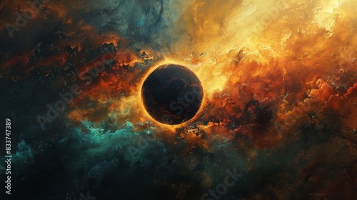 Abstract Solar Eclipses, Artistic representations of solar eclipses with surreal elements and vibrant colors