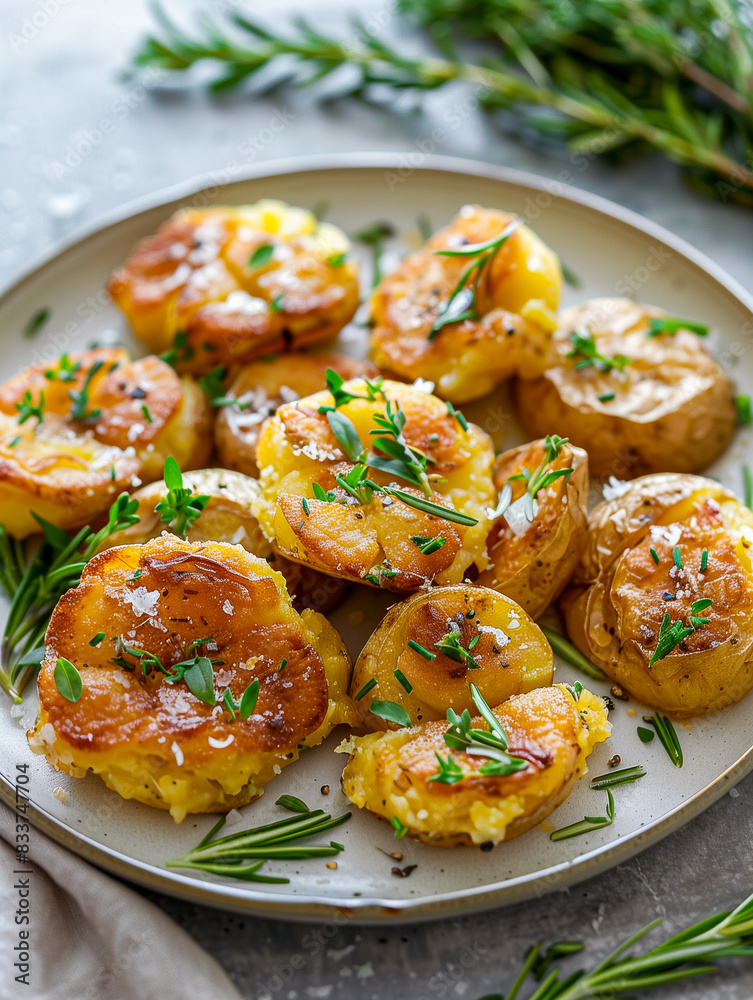 Plate of golden roasted potatoes garnished with fresh rosemary and coarse salt, crispy and seasoned. Plate of golden roasted potatoes garnished with fresh rosemary and coarse salt, crispy and seasoned.
