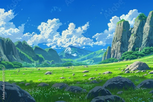 Field of wildflowers with mountain backdrop