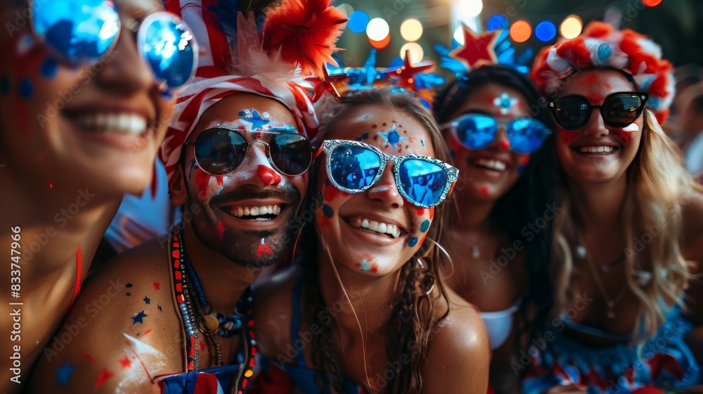 Group of friends in festive red, white, and blue attire with face paint, celebrating outdoors with joy and laughter under decorative lights. Group of friends in festive red, white, and blue attire with face paint, celebrating outdoors with joy and laughter under decorative lights.