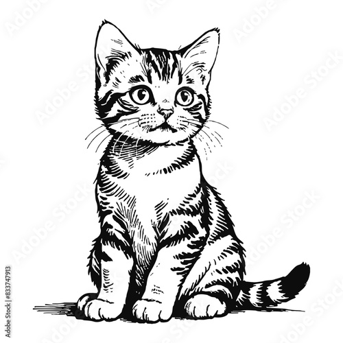 American Shorthair Cat Kitten Hand Drawn Engraved Ink Line Art Sketch Illustration