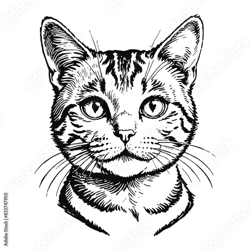 American Shorthair Cat Hand Drawn Engraved Ink Line Art Sketch Illustration