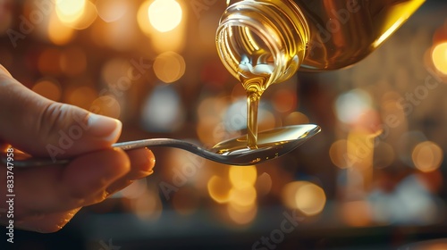 Hand pouring golden liquid, possibly honey or oil, into a spoon with warm bokeh lights in the background, creating a cozy atmosphere. © May Chanikran