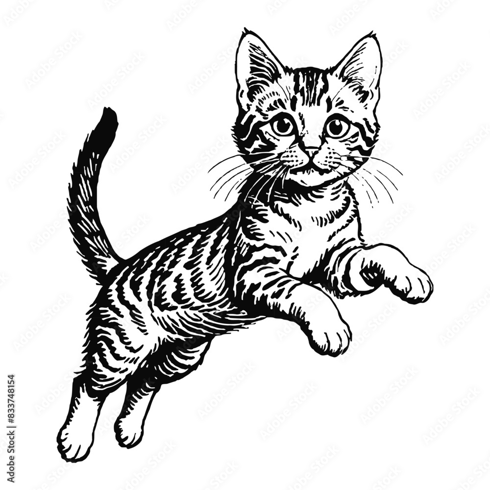 Obraz premium Wild Bengal Cat Kitten Hand Drawn Engraved Ink Line Art Sketch Illustration