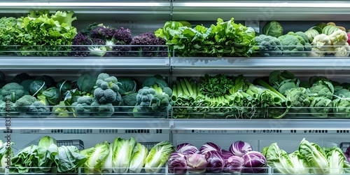 Fresh green vegetables in the grocery store refrigerator section. Concept Fresh Produce, Grocery Store, Healthy Eating, Refrigerated Section