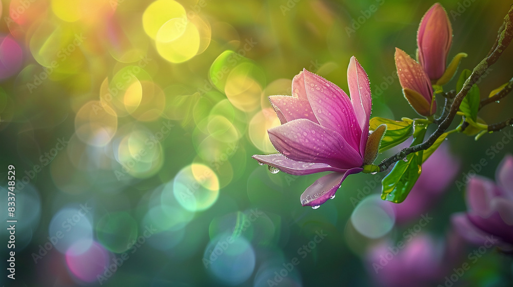 Fototapeta premium Blossom Magnolia flower on tree. Nature background with Beautiful bokeh 
