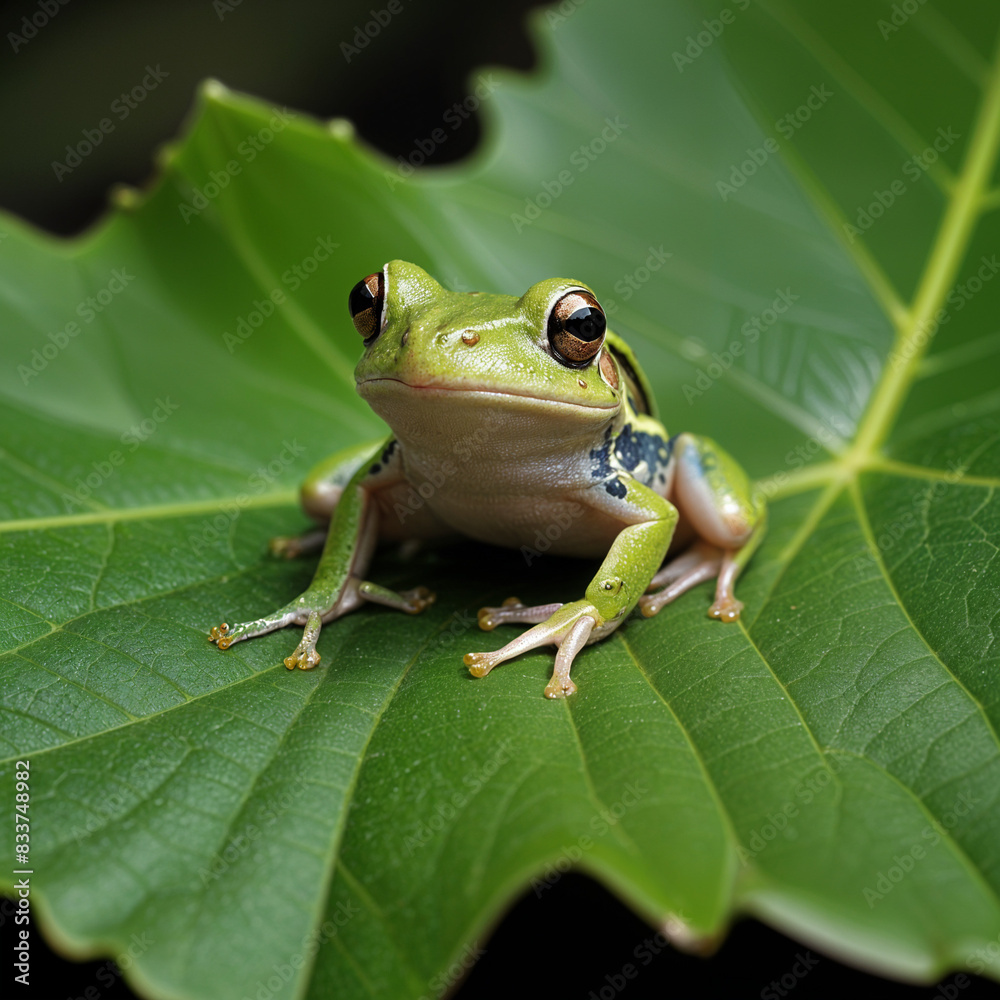 Naklejka premium Perched Delicately on a Vibrant Green Leaf, a Tiny Frog Basks in the Sun's Warmth, Showcasing the Beauty of Nature's Smallest Creatures