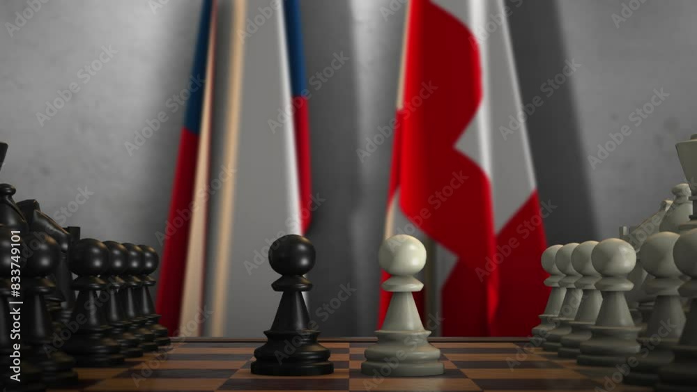 Czech Republic and Switzerland National Flags with Chess Board Animation. Politics of Government or Conflict of Countries Concept Czech Republic and Switzerland National Flags with Chess Board Animation. Politics of Government or Conflict of Countries Concept