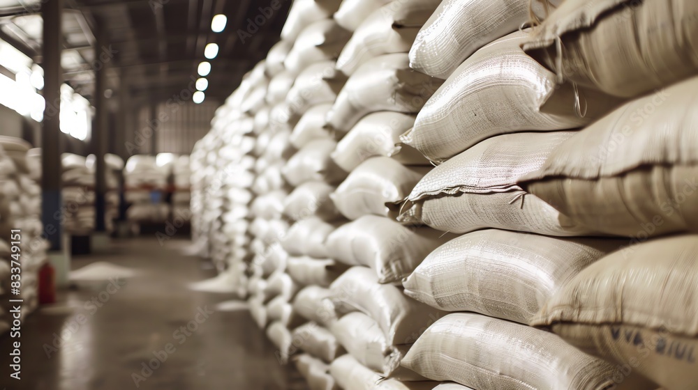 Naklejka premium Warehouse filled with neatly stacked sacks of goods, capturing the essence of industrial storage and bulk logistics.