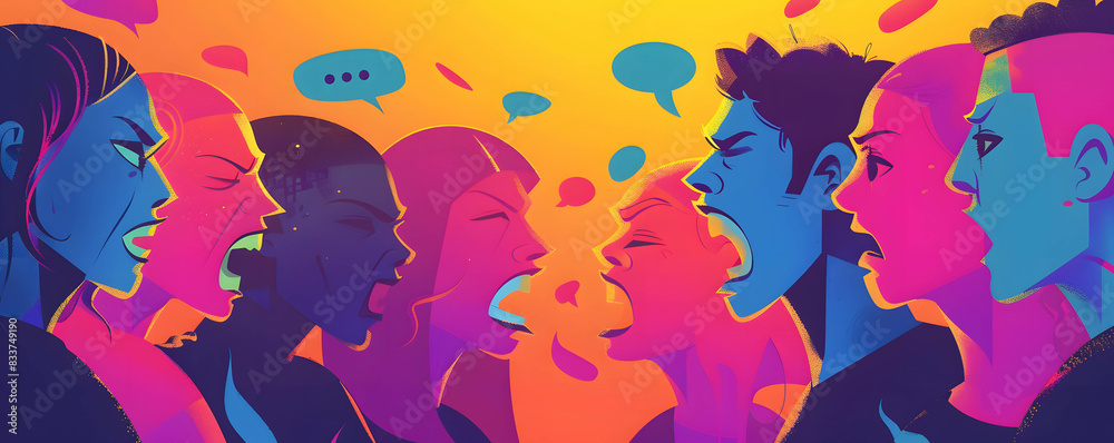 Group chat conversation where members are hurling insults and derogatory language towards each other, hate speech and bully concept Group chat conversation where members are hurling insults and derogatory language towards each other, hate speech and bully concept