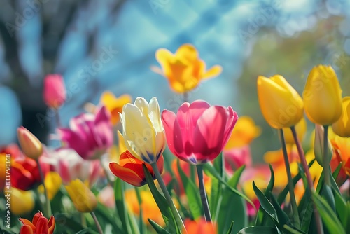 Vibrant spring flowers blooming in a garden, set against a backdrop of soft focus trees and a bright blue sky. © crescent