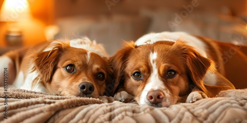 Two brown and white dogs lounging on a bed in various poses. Concept Dog Photography  Bed Setting  Brown and White Pets  Lounging Poses  Photogenic Animals