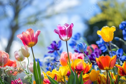 Vibrant spring flowers blooming in a rainbow of colors  set against a backdrop of soft focus trees and a bright blue sky.