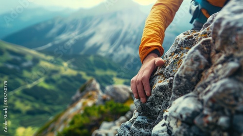 Hiker's Hand Gripping a Rock: Depict a close-up of a hiker's hand gripping a rock on a mountainside, with a blurred scenic background. photo