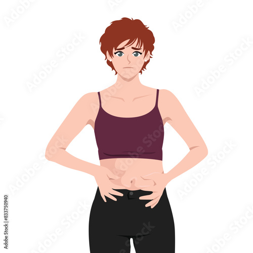 Young woman squeezes belly fat on her stomach. Woman worries that she is getting fat. Flat vector illustration isolated on white background