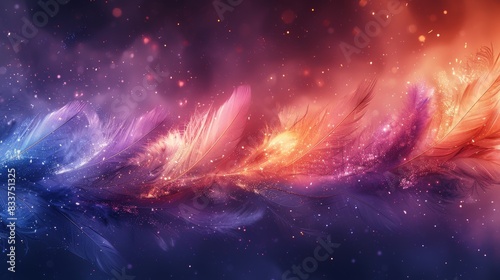 Background of soft and fluffy feathers, pastel colored feathers in blue, purple, and gold. photo