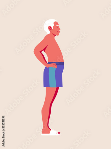 A profile of an elderly Asian man in a shorts. A full-length human figure. Summer vacation at southern resorts. Vector flat illustration