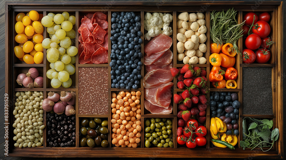 A wholesome top view capturing a nutritious ensemble of fish, eggs, blueberries, green beans, broccoli, orange, raspberries, greens, tomato, avocado, cashew, basil, and oil, etc A wholesome top view capturing a nutritious ensemble of fish, eggs, blueberries, green beans, broccoli, orange, raspberries, greens, tomato, avocado, cashew, basil, and oil, etc