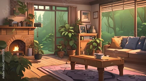 Cozy living room rainy atmospheric forest lo-fi, zoom background screen, anime chill hip hop aesthetic environment