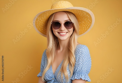 Donna bionda estiva con sfondo giallo e occhiali da sole photo