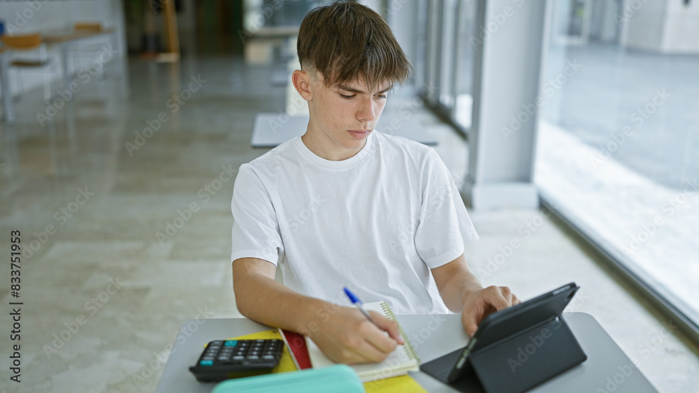 A young caucasian male teenager studies at a university library table with notebook, calculator, and tablet. A young caucasian male teenager studies at a university library table with notebook, calculator, and tablet.