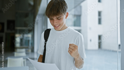Фотография A young caucasian teen boy expressing joy while reading a document on a universi